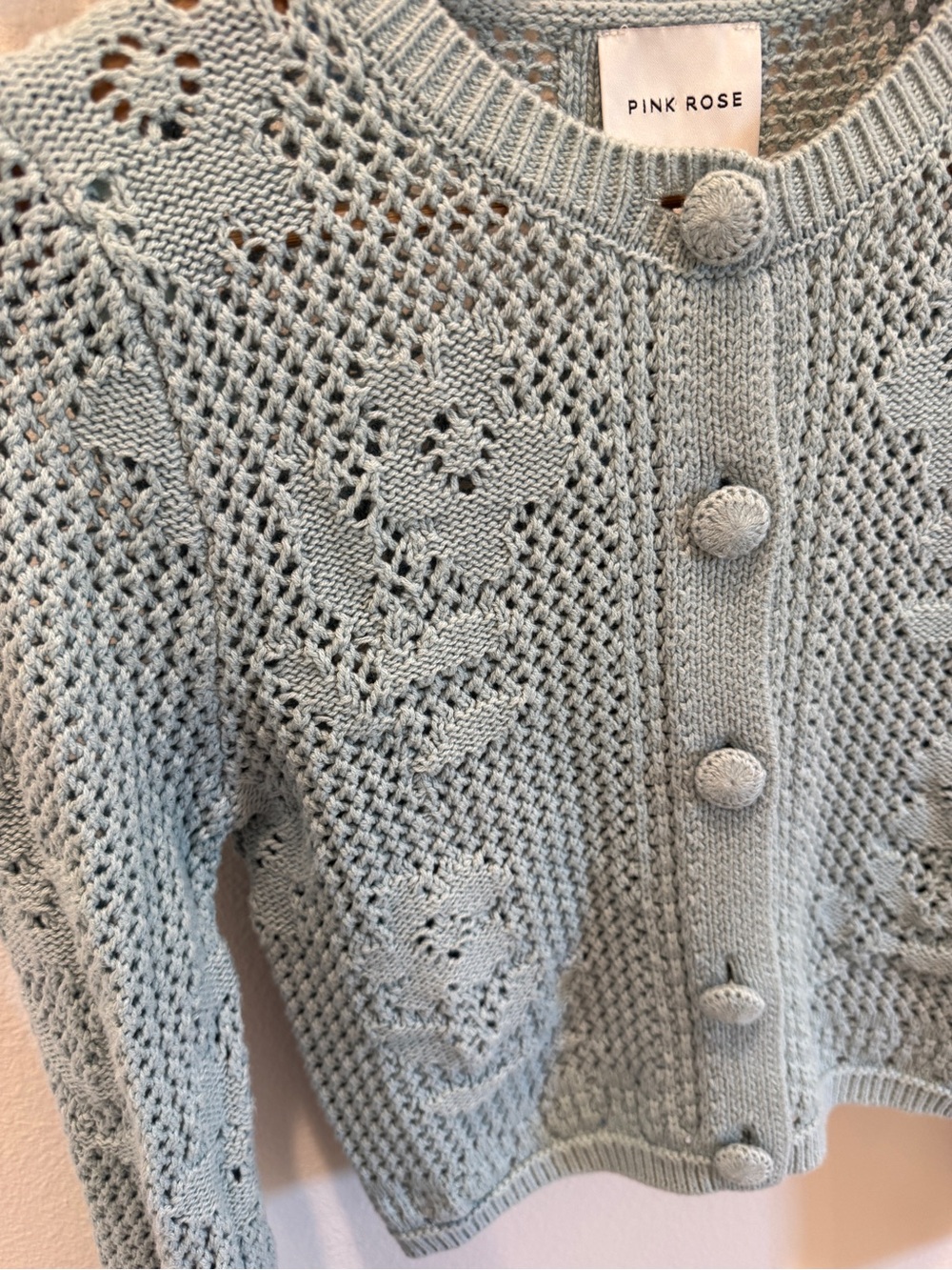 Pink Rose Light Blue Crochet Button-Front Cardigan - Picture 3 of 5